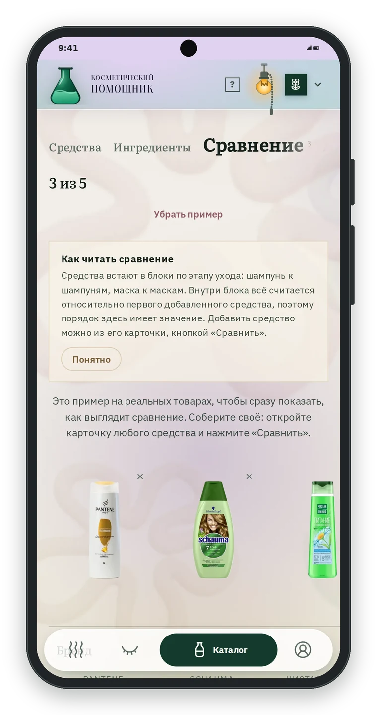 Раздел Сравнение на телефоне: 3 из 5, подсказка Как читать сравнение, пример на шампунях Pantene, Schauma и Чистая линия