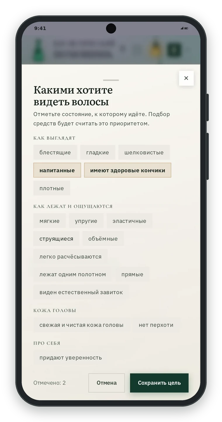 Окно Какими хотите видеть волосы: отмечены напитанные и имеют здоровые кончики, другие варианты блестящие, гладкие, мягкие, объёмные, легко расчёсываются, кнопка Сохранить цель