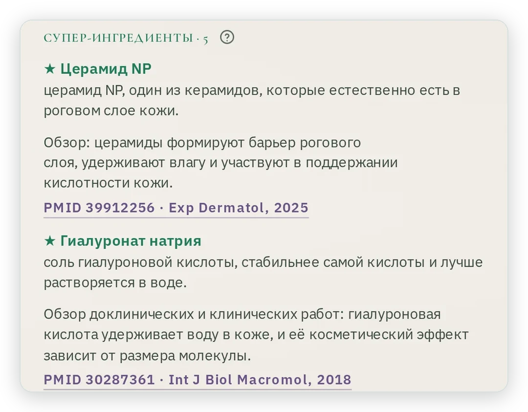 Список супер-ингредиентов: церамид NP и гиалуронат натрия с описанием и ссылками на исследования