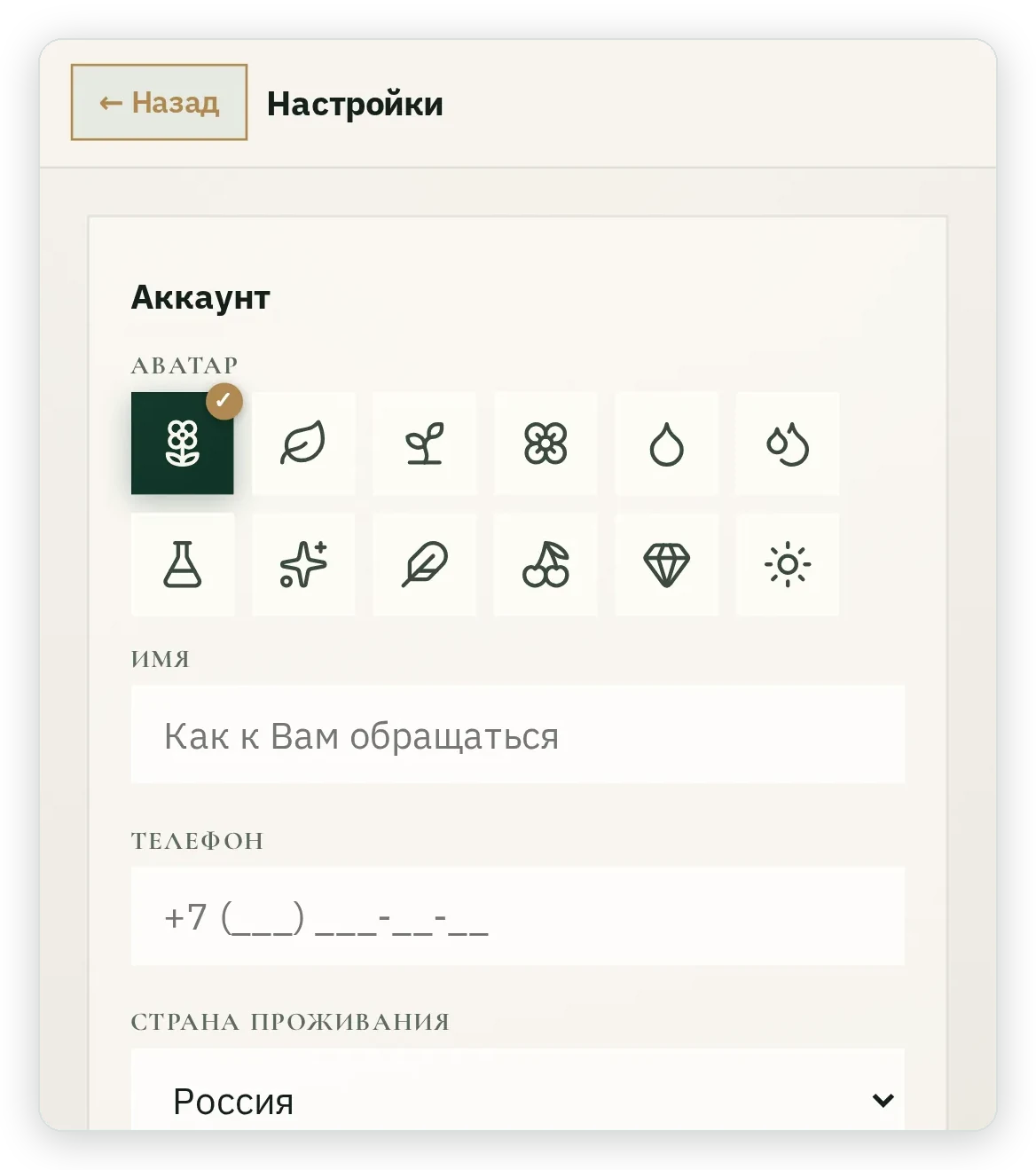 Настройки, раздел Аккаунт: выбор значка профиля из двенадцати, поле Имя, поле Телефон, Страна проживания: Россия